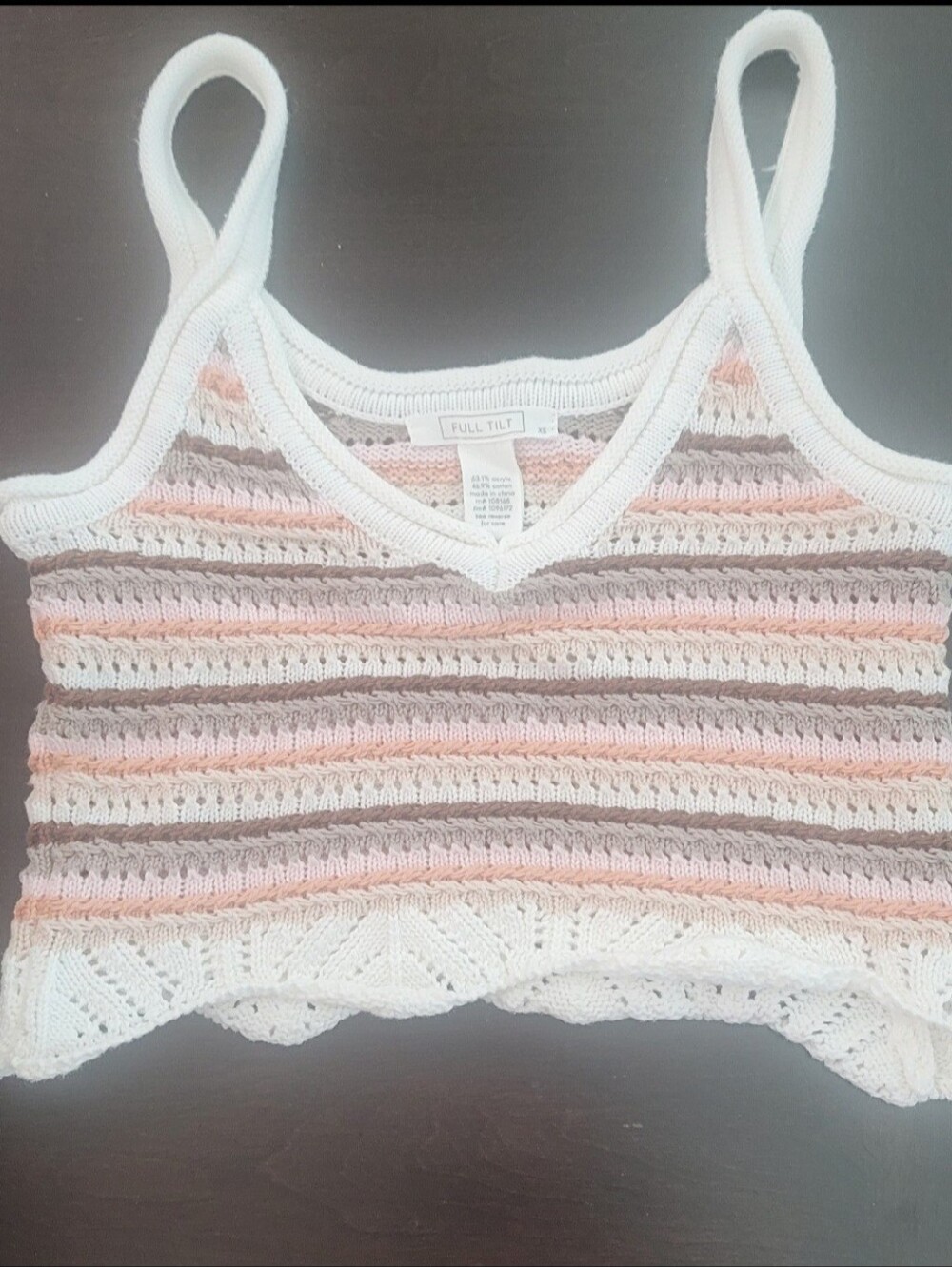Full Tilt Women’s V-Neck Striped Knit Sweater Tank in White, Pink & Brown